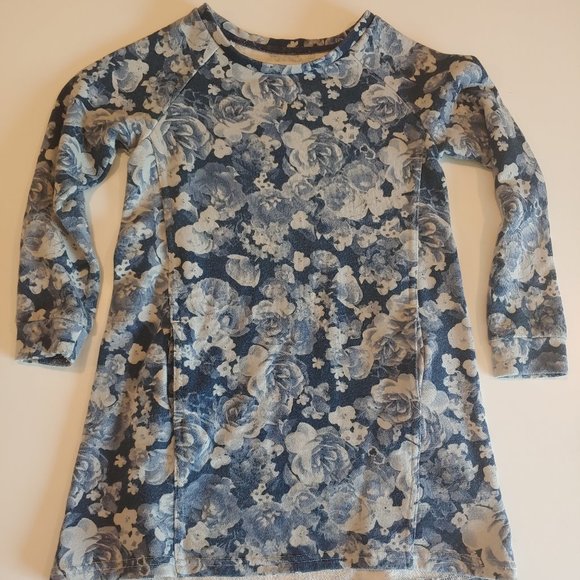 H & M |  Blue Floral French Terry Sweatshirt Dress | 4-6yr. | Pockets Casual - Picture 2 of 6